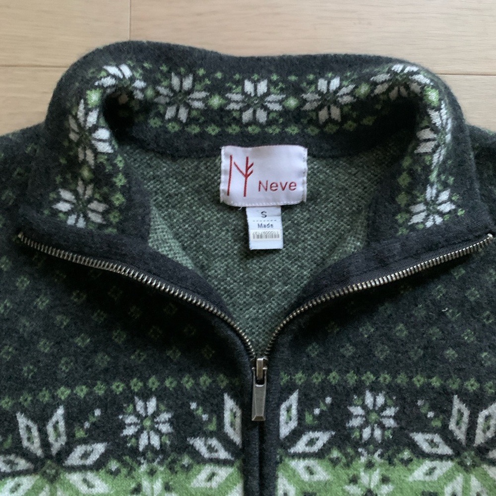 Neve Fair Isle Wool Sweater Womens S Green Black Nordic Knit Double Zip Cardigan - Picture 3 of 13